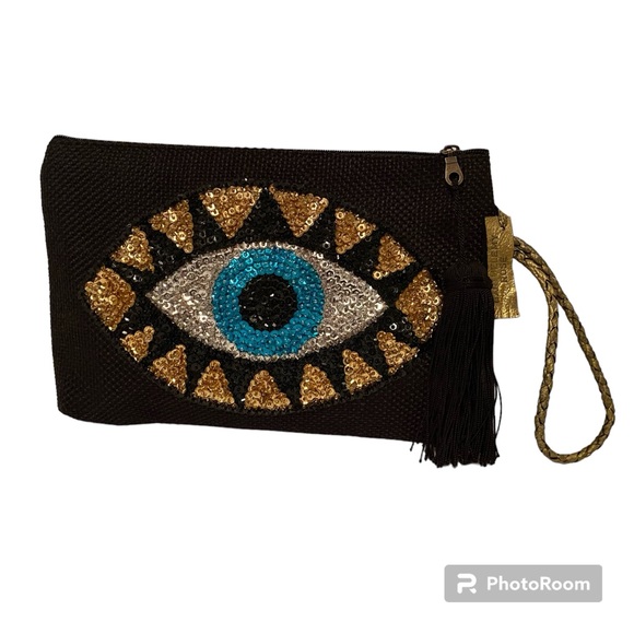 BARTHELEMY ROSE BAG CLUTCH BLACK CANVAS  SEQUIN EVIL EYE ZIP TOP HANDMADE NWOT - Picture 1 of 14
